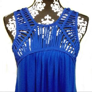 versatile blue cage front sleeveless dress